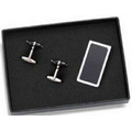 Black Leather Rectangle Money Clip and Barbell Shaped Cufflink Set with Box